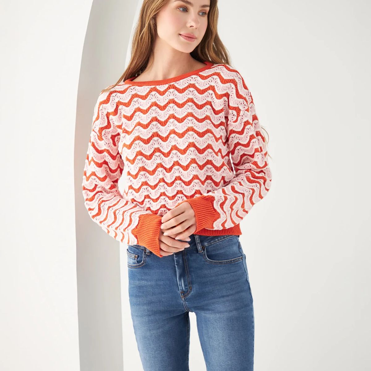 ESPRIT - Esprit Buzo Suéter para Mujer Tejido Rayado Cuello Redondo