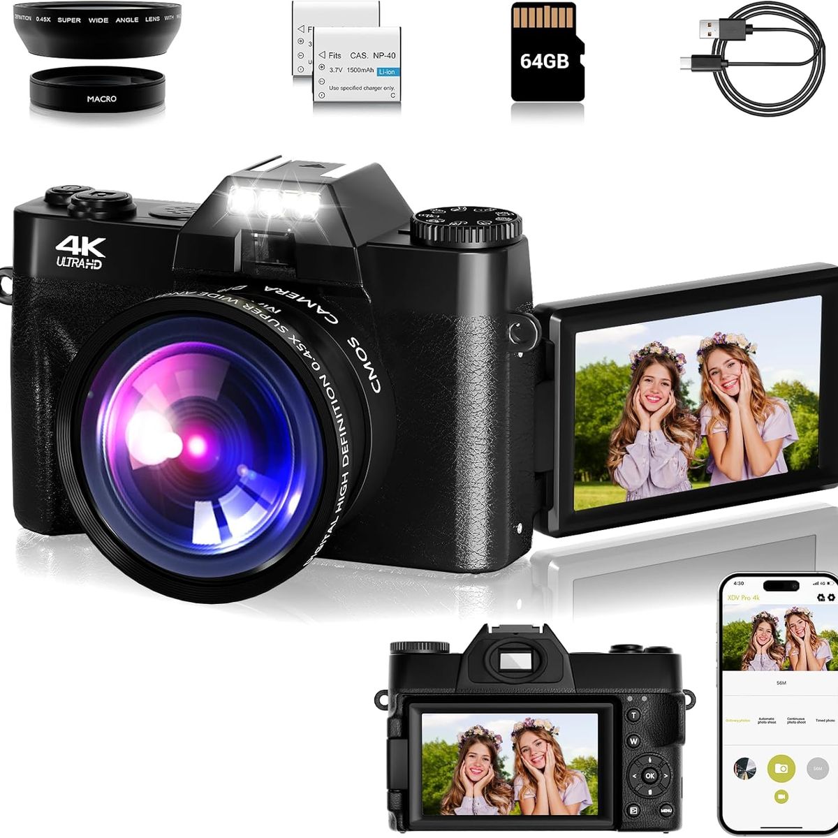 GENERICO - Cámara digital 4K 75MP con WiFi, pantalla 180°, zoom 16x, 64GB SD y 2 baterías para vlogging