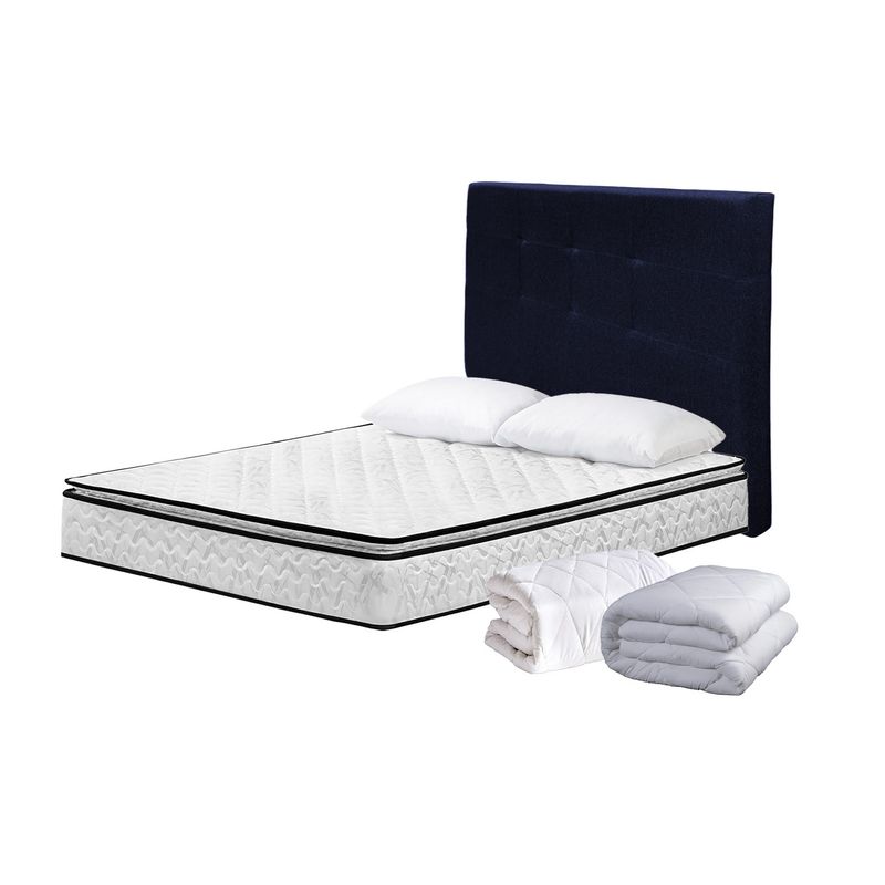 HIGH CLASS - Colchón Sencillo Standford+Almohada+Edredón+Protector+Cabecero Azul