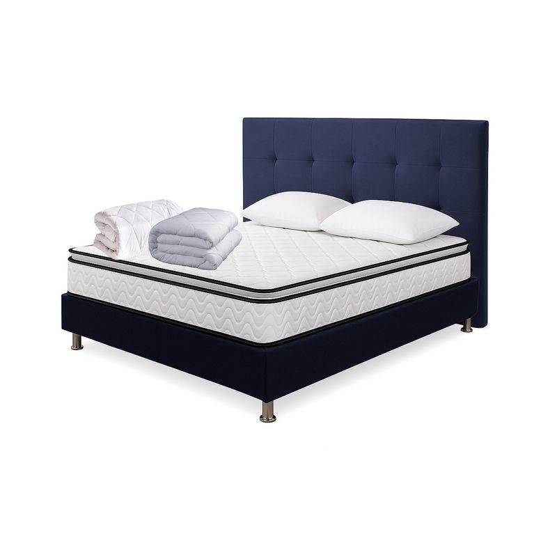 HIGH CLASS - Colchón Sencillo Standford + Almohada + Edredón + Base y Cabecero Azul