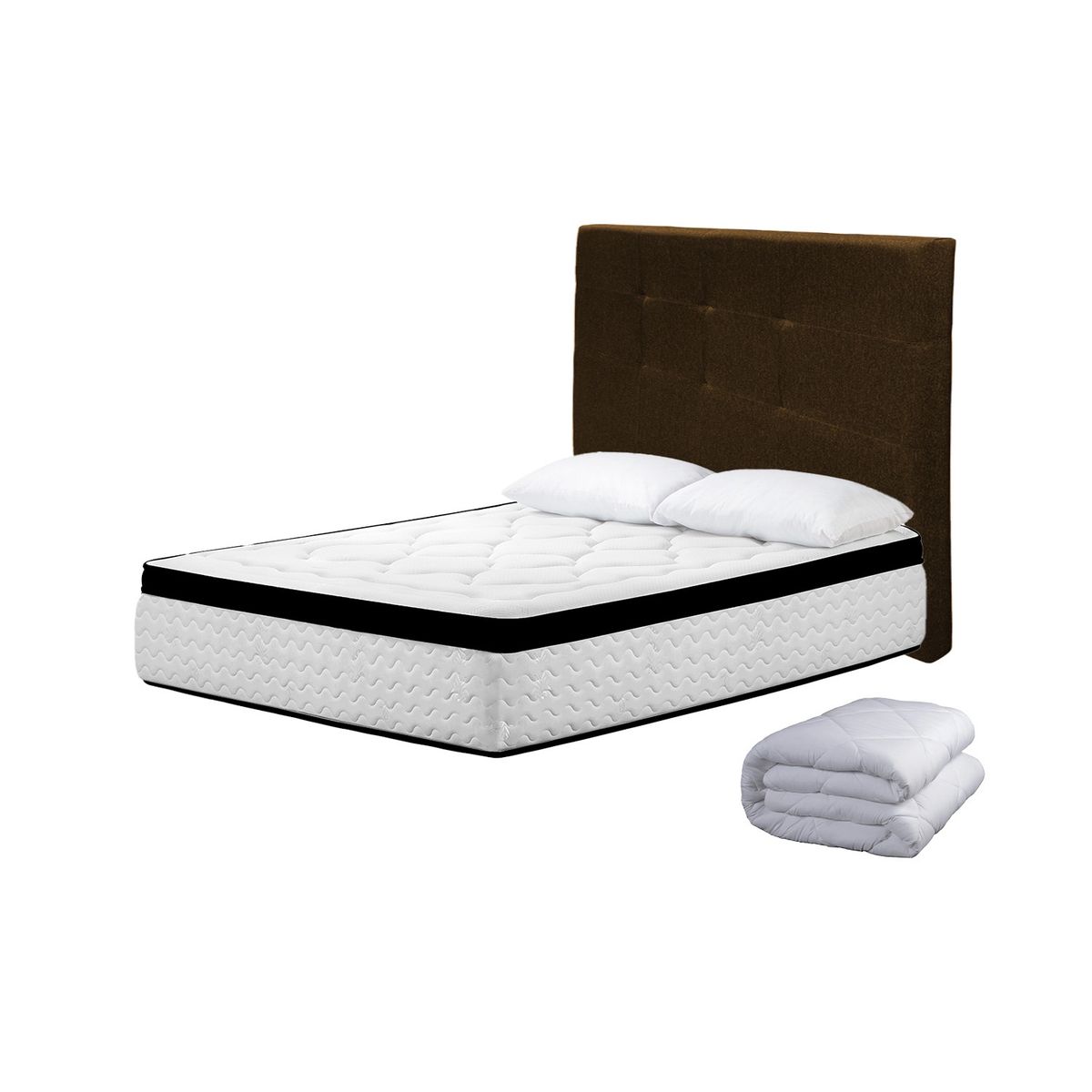 HIGH CLASS - Colchón Sencillo Menphis + Almohada + Edredón + Cabecero Chocolate