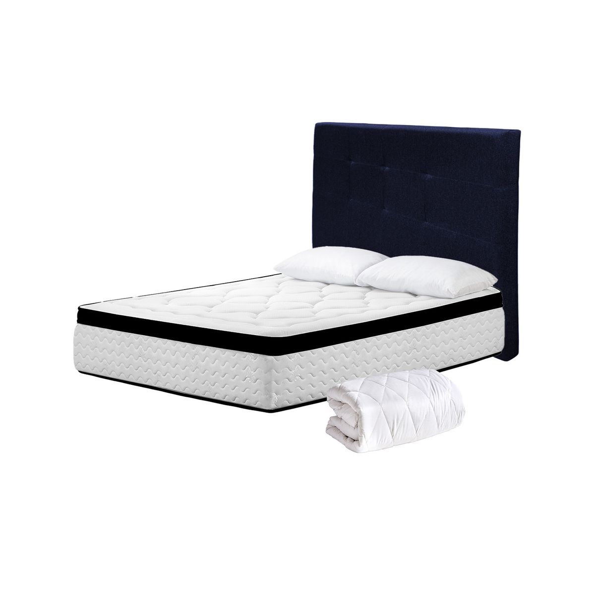 HIGH CLASS - Colchón Sencillo Menphis + Almohada + Protector + Cabecero Azul