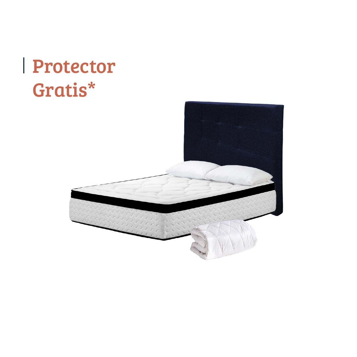 HIGH CLASS - Colchón Sencillo Menphis + Almohada + Protector + Cabecero Azul