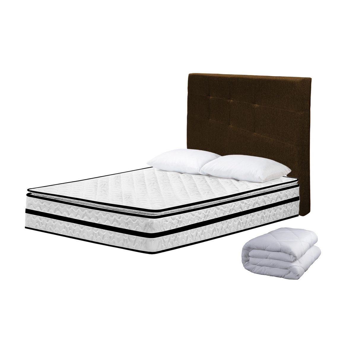 HIGH CLASS - Colchón Doble Michigan + Almohadas + Edredon + Cabecero Chocolate