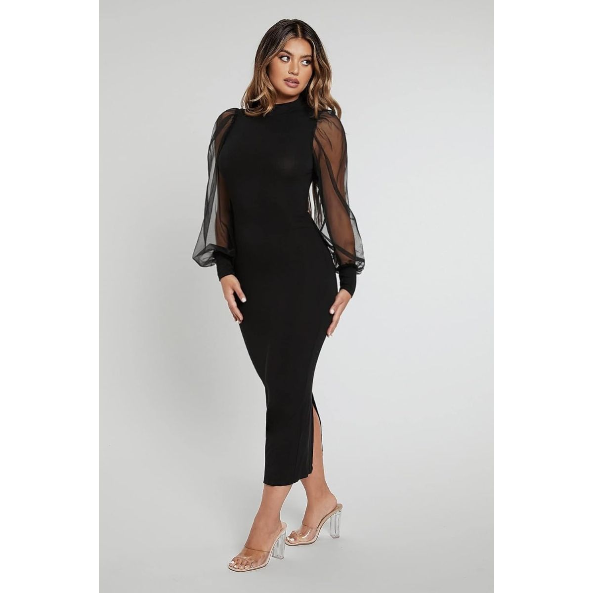 NEGRELI - Vestido Midi Negro NEGRELI DE  MUJER con Mangas de Transparente