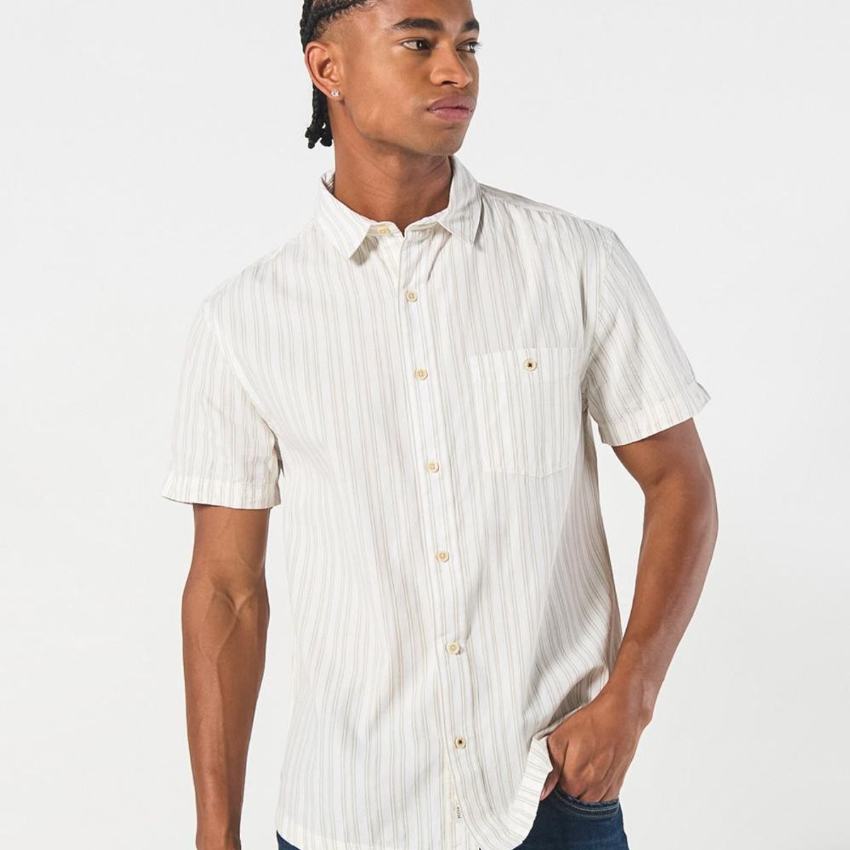 KOAJ - KOAJ Camisa crema clara a rayas con cuello sport collar Hombre