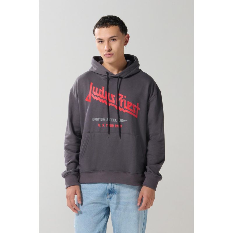 KOAJ - KOAJ Buzo oversize gris intenso con arte de Judas Priest y cap HOMBRE