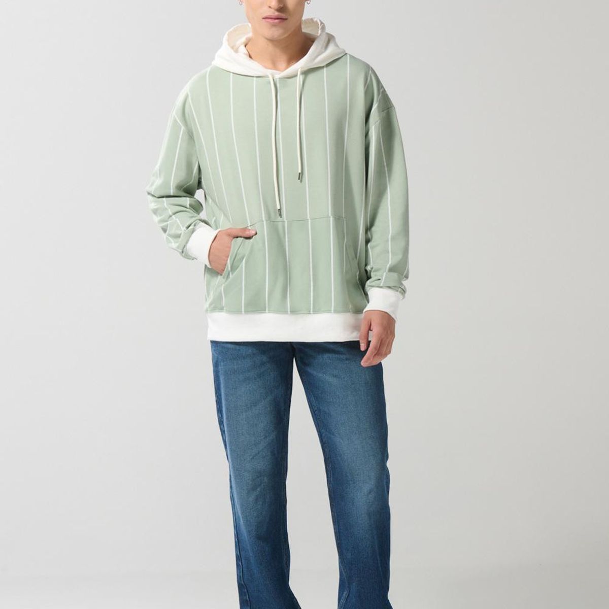 KOAJ - KOAJ Buzo verde claro oversize con capota y rayas Hombre