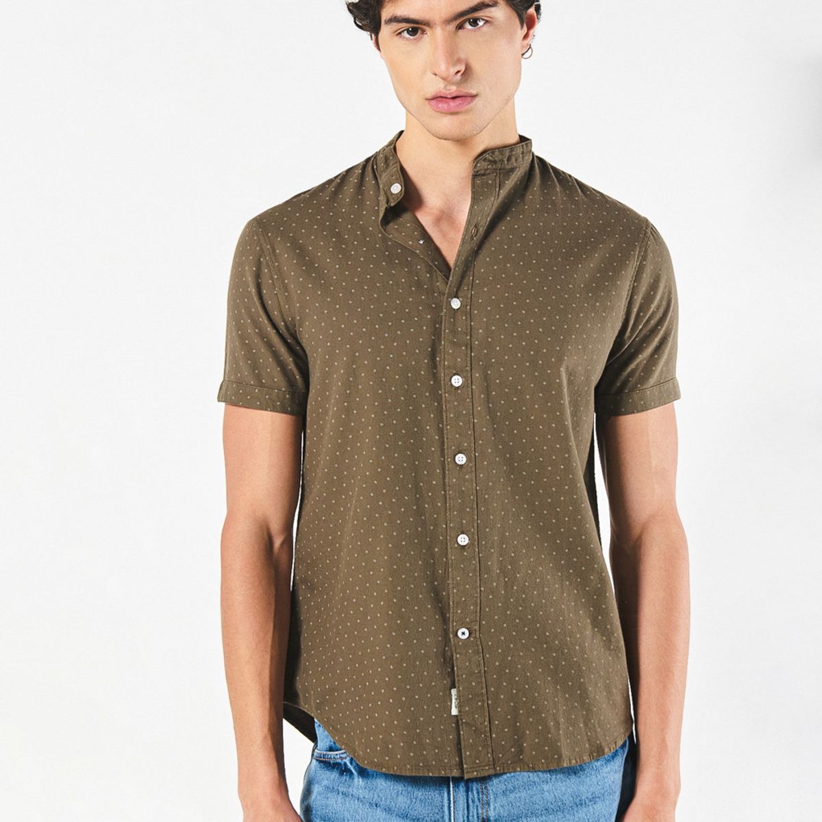 KOAJ - KOAJ Camisa verde oscura cuello nerú con diseños de puntos Hombre