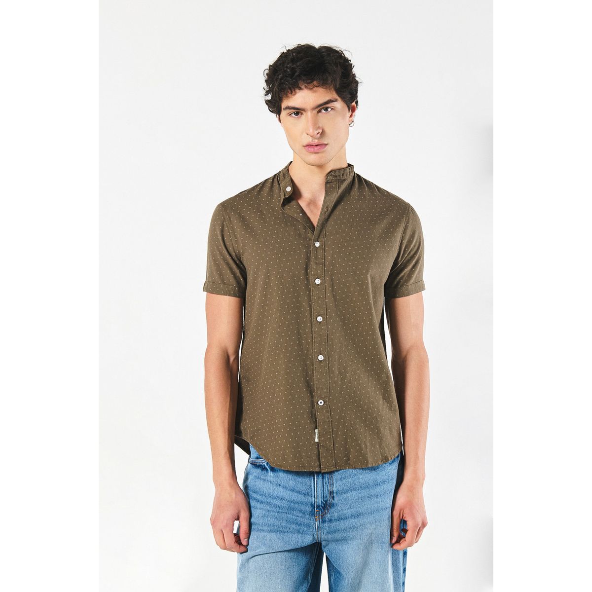 KOAJ - KOAJ Camisa verde oscura cuello nerú con diseños de puntos Hombre