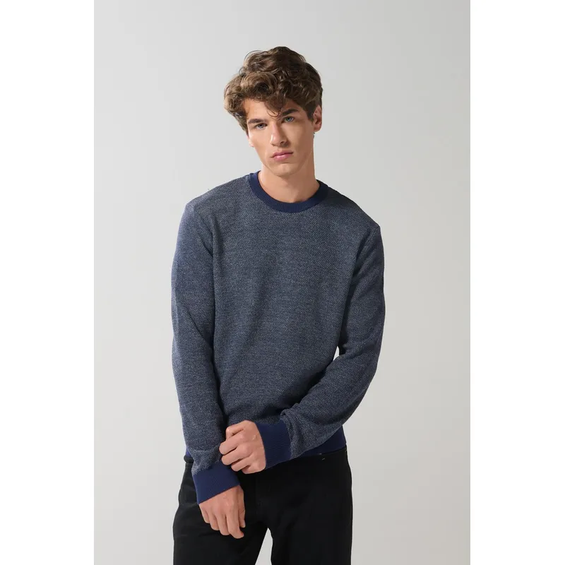 KOAJ - KOAJ Suéter azul cuello redondo color contraste Hombre