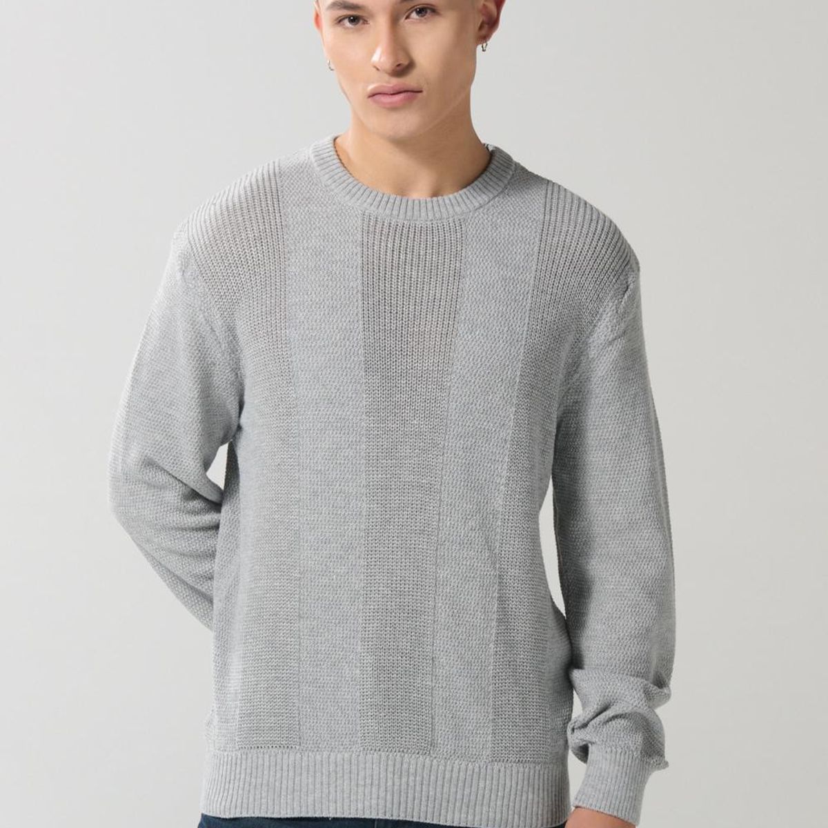 KOAJ - KOAJ Suéter gris tejido con diseños y cuello redondo Hombre