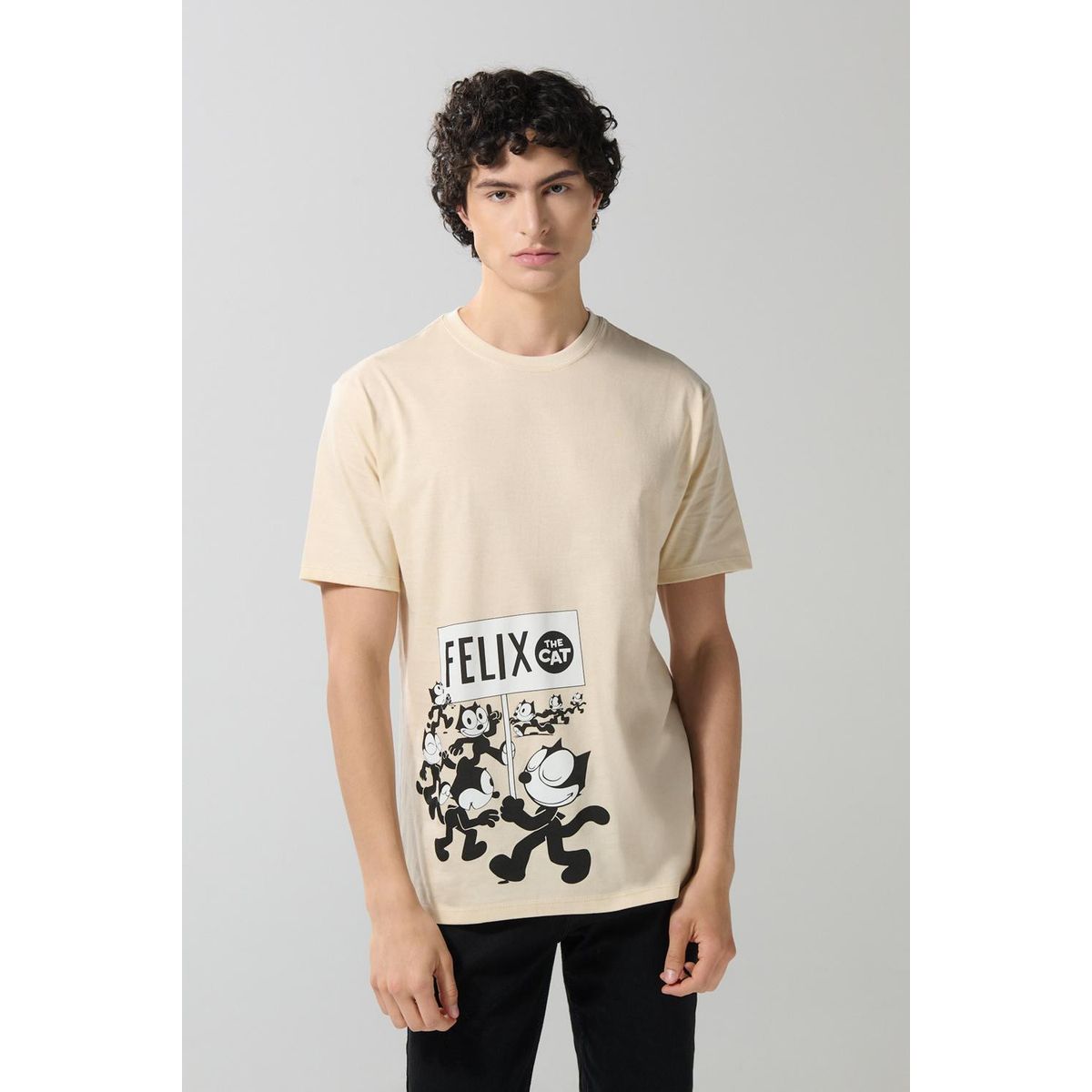 KOAJ - KOAJ Camiseta kaki cuello redondo con arte de Félix el Gato Hombre