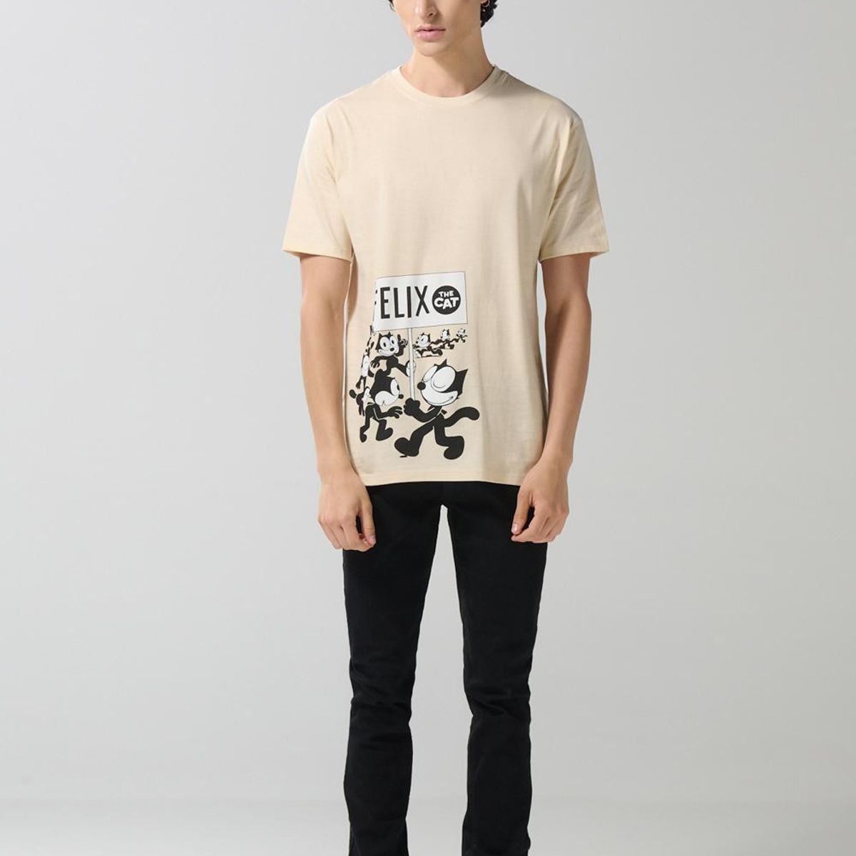 KOAJ - KOAJ Camiseta kaki cuello redondo con arte de Félix el Gato Hombre