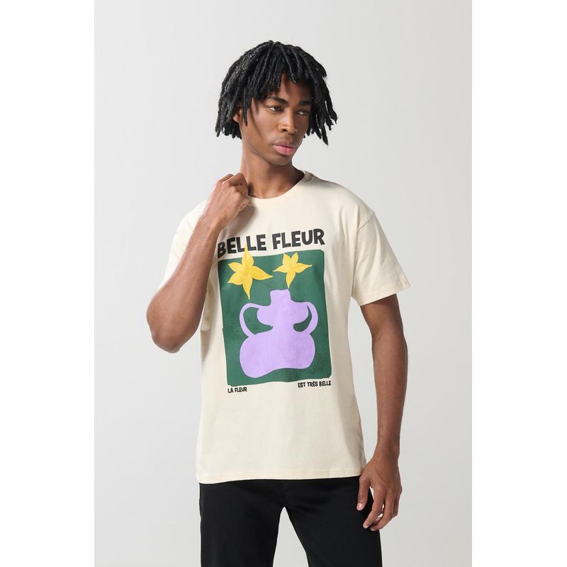 KOAJ - KOAJ Camiseta unicolor cuello redondo con arte floral en frent HOMBRE