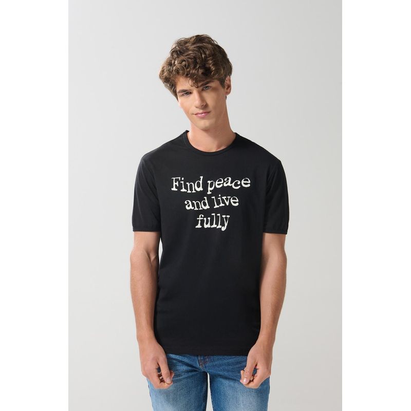 KOAJ - KOAJ Camiseta cuello redondo negra con texto blanco estampado HOMBRE