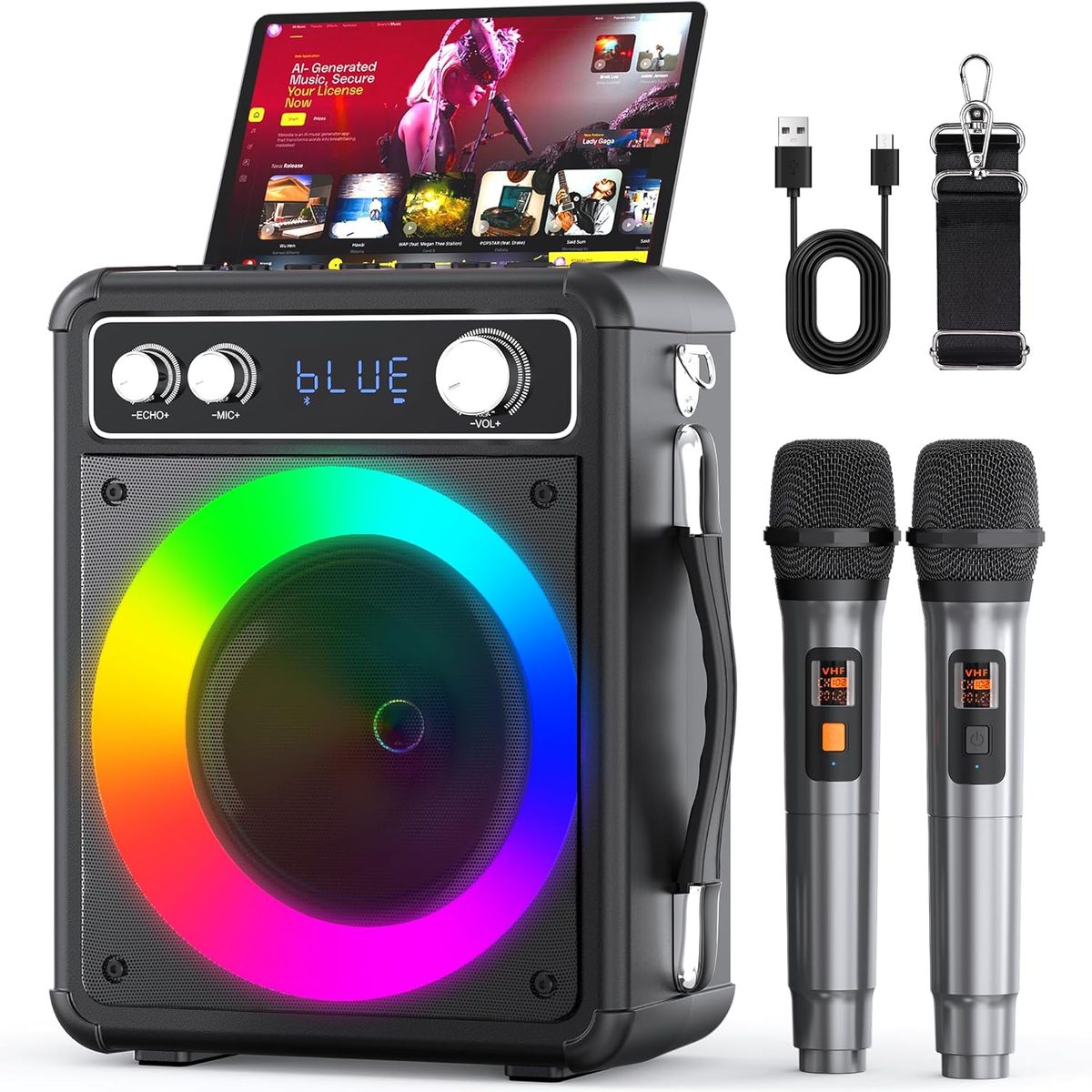 GENERICO - Karaoke Bluetooth portátil con 2 micrófonos inalámbricos y luces LED para fiestas