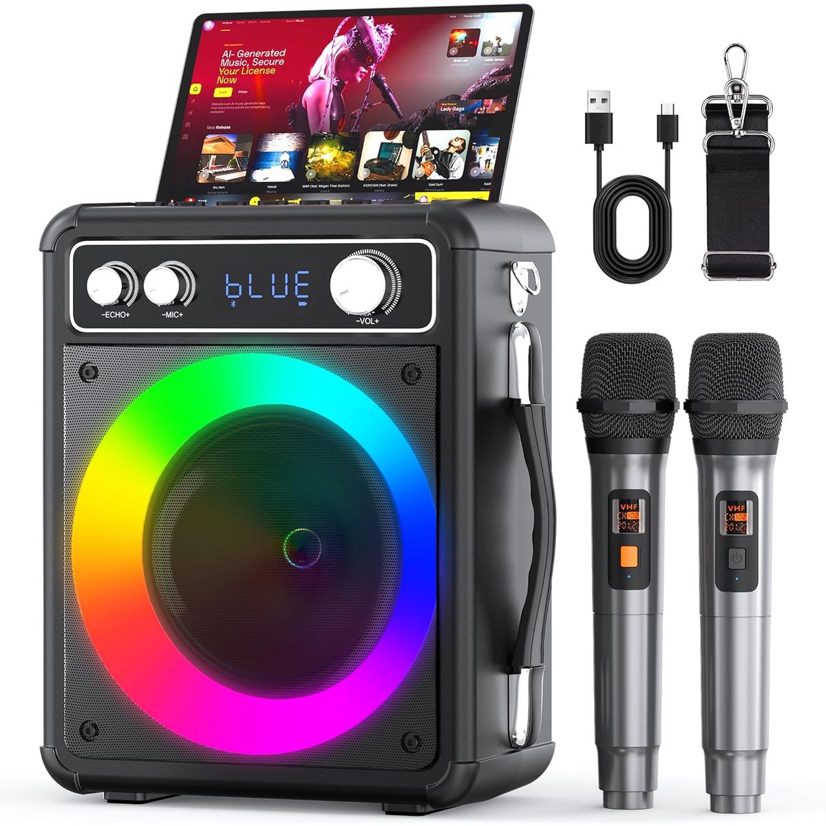 GENERICO - Karaoke Bluetooth portátil con 2 micrófonos inalámbricos y luces LED para fiestas