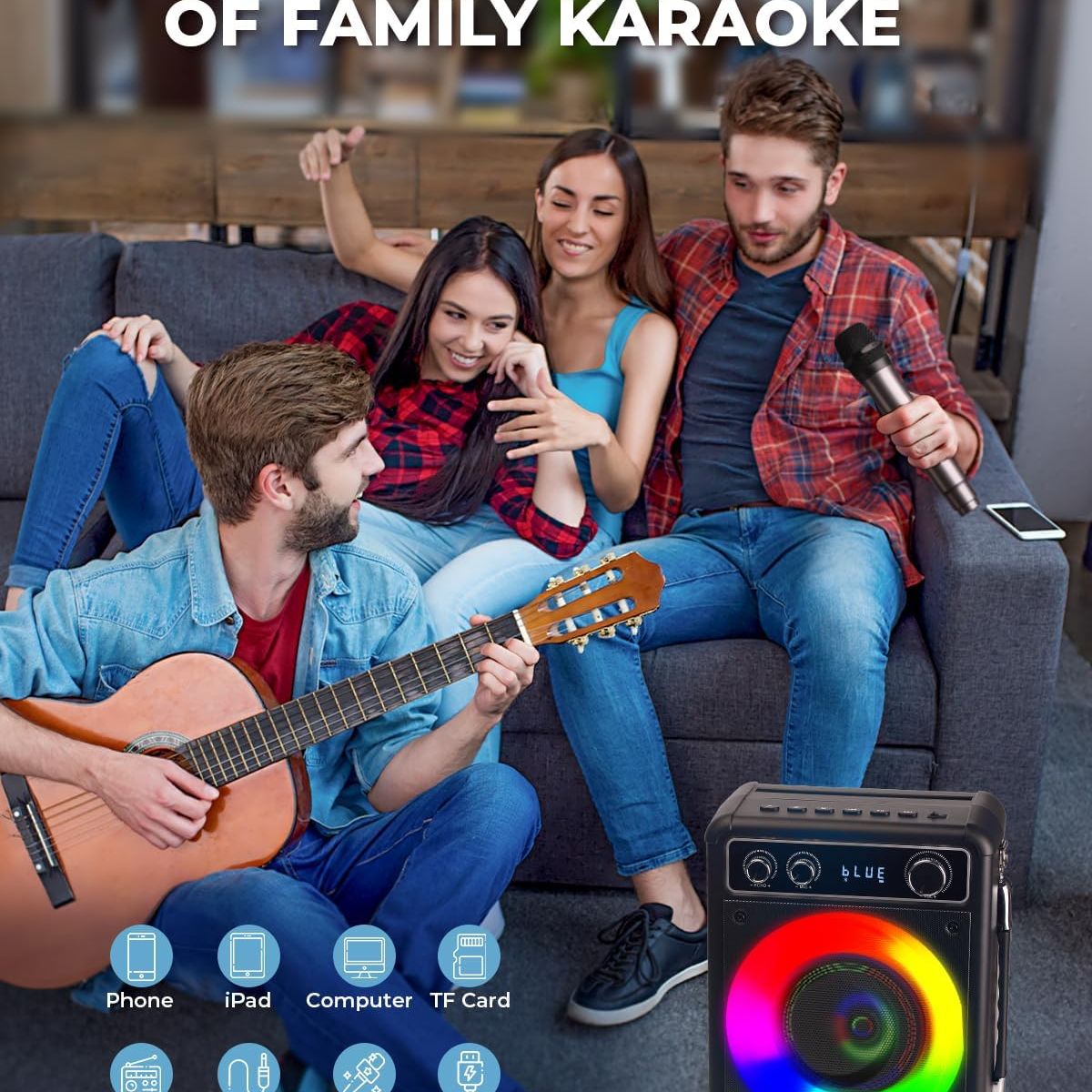GENERICO - Karaoke Bluetooth portátil con 2 micrófonos inalámbricos y luces LED para fiestas