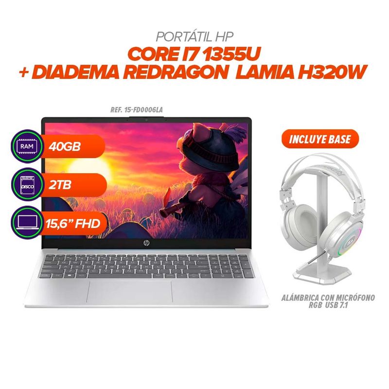 AMD - Portátil HP i7 1355U  40GB RAM  2TB SSD  156” FHD / Diadema Redragon H320W con Base