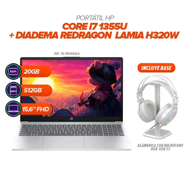 AMD - Portátil HP i7 1355U  20GB RAM 512GB SSD  156” FHD /  Diadema Redragon H320W con Base