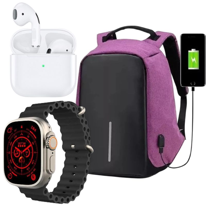 GENERICO - Combo Bolso Antirrobo Grande Morado + Audifono Pro 4 + T800 Ultra