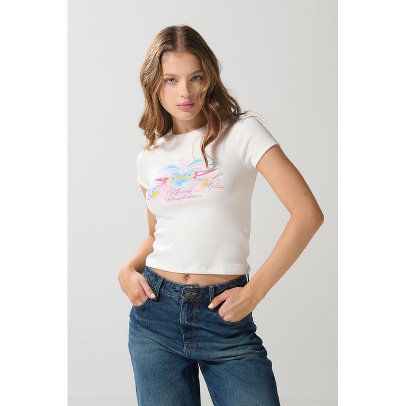 KOAJ - KOAJ Camiseta manga corta en rib con estampado en frente del Mujer