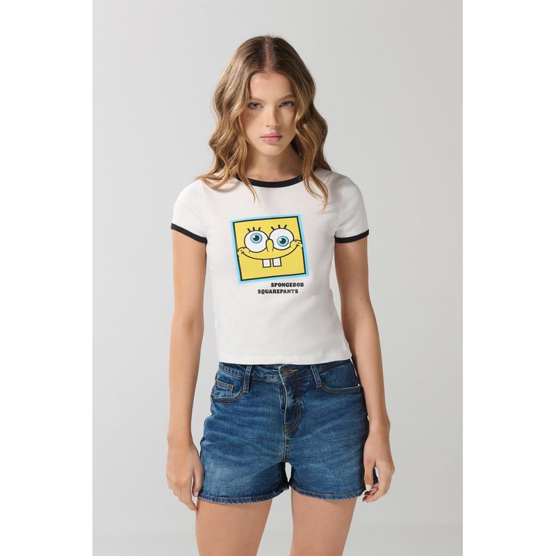 KOAJ - KOAJ Camiseta crema en rib de Bob Esponja con manga corta MUJER