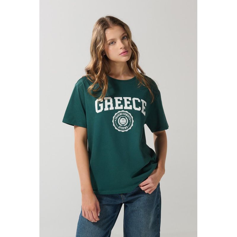 KOAJ - KOAJ Camiseta cuello redondo verde en algodón college MUJER