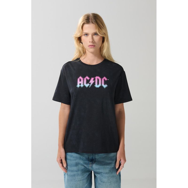 KOAJ - KOAJ Camiseta negra cuello redondo con diseño de AC/DC MUJER