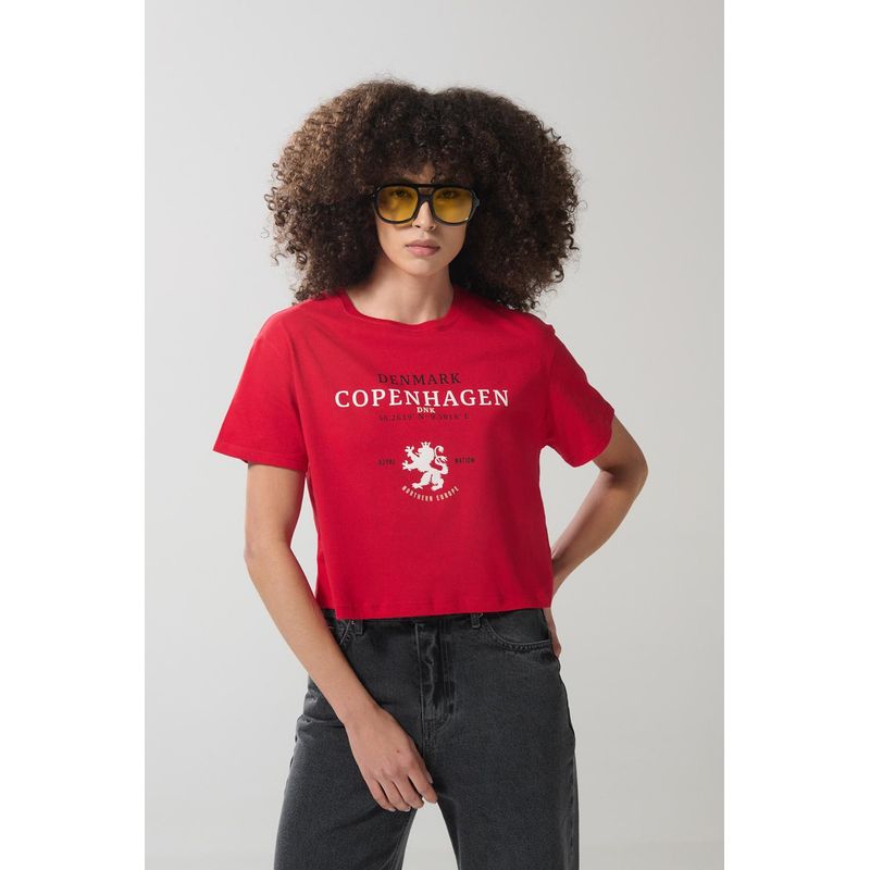 KOAJ - KOAJ Camiseta en algodón crop top roja con arte college MUJER