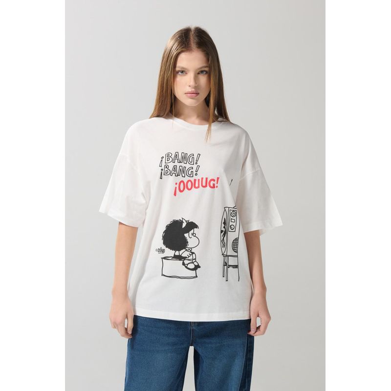KOAJ - KOAJ Camiseta oversize crema cuello redondo con arte de Mafa Mujer