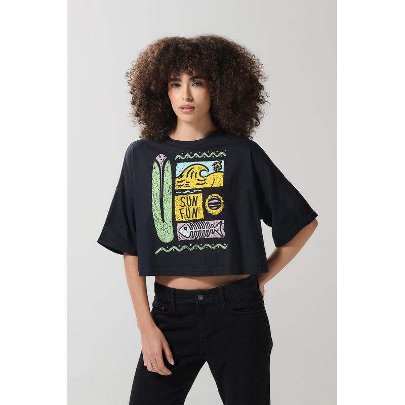 KOAJ - KOAJ Camiseta crop top oversize unicolor con arte marino MUJER