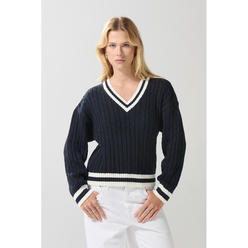 KOAJ - KOAJ Suéter azul intenso tejido con cuello V y trenzas MUJER