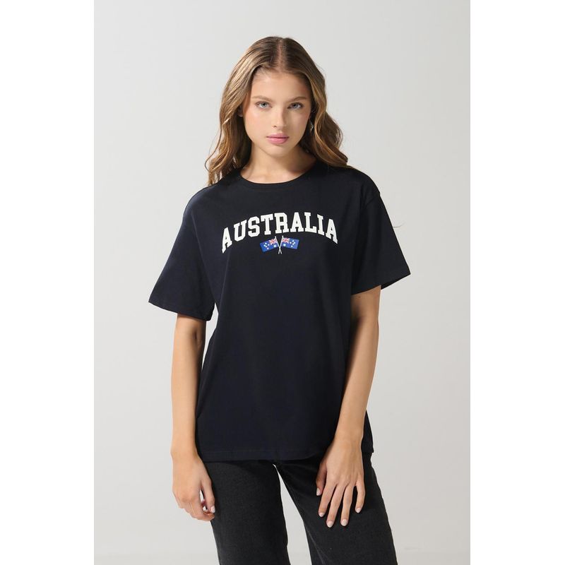 KOAJ - KOAJ Camiseta negra college con cuello redondo en algodón MUJER