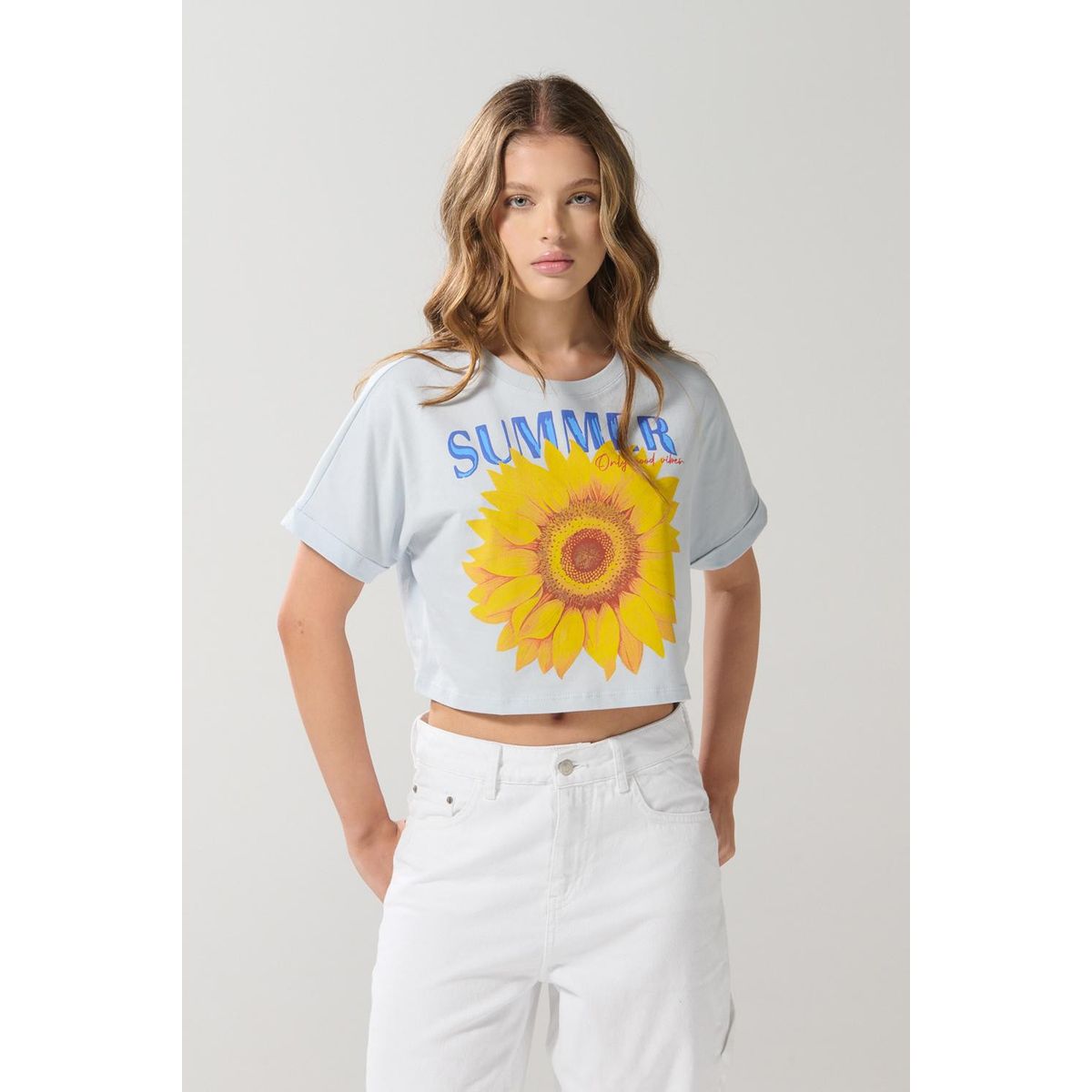 KOAJ - KOAJ Camiseta oversize unicolor crop top con diseño en frent Mujer