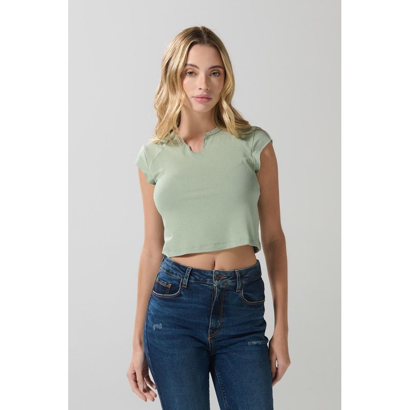 KOAJ - KOAJ Camiseta unicolor ajustada cuello redondo con abertura MUJER