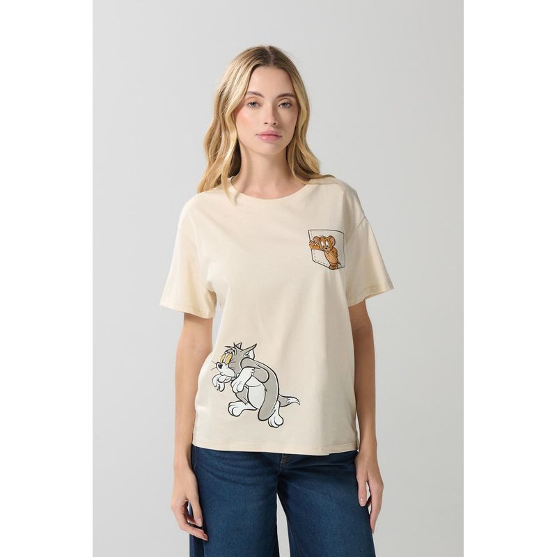 KOAJ - KOAJ Camiseta kaki cuello redondo con arte de Tom y Jerry MUJER