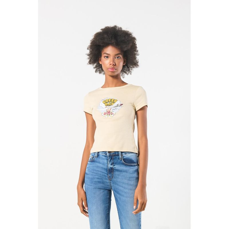 KOAJ - KOAJ Camiseta manga corta en rib con estampado en frente de  Mujer