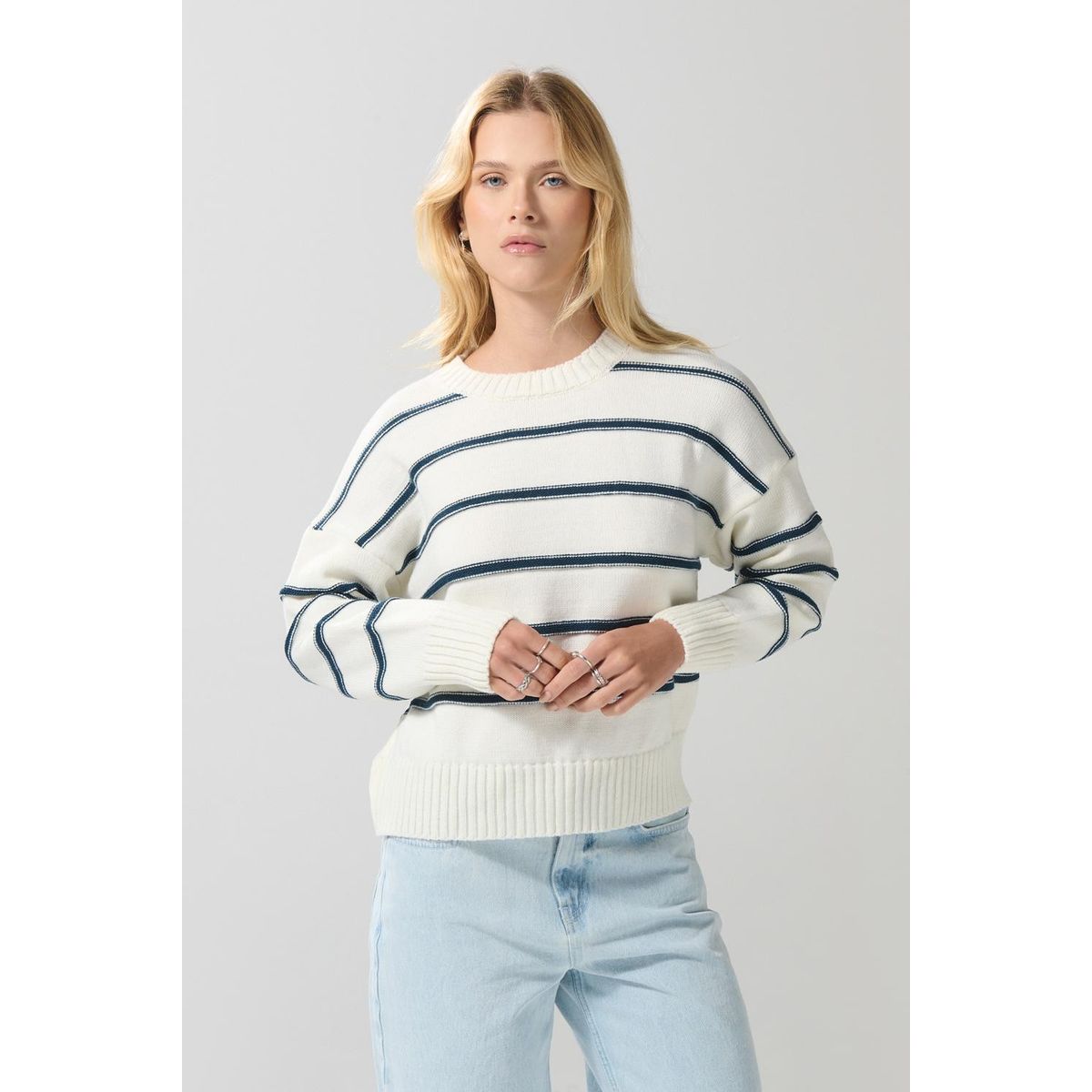 KOAJ - KOAJ Suéter crema  tejido con rayas cuello redondo horma sue Mujer