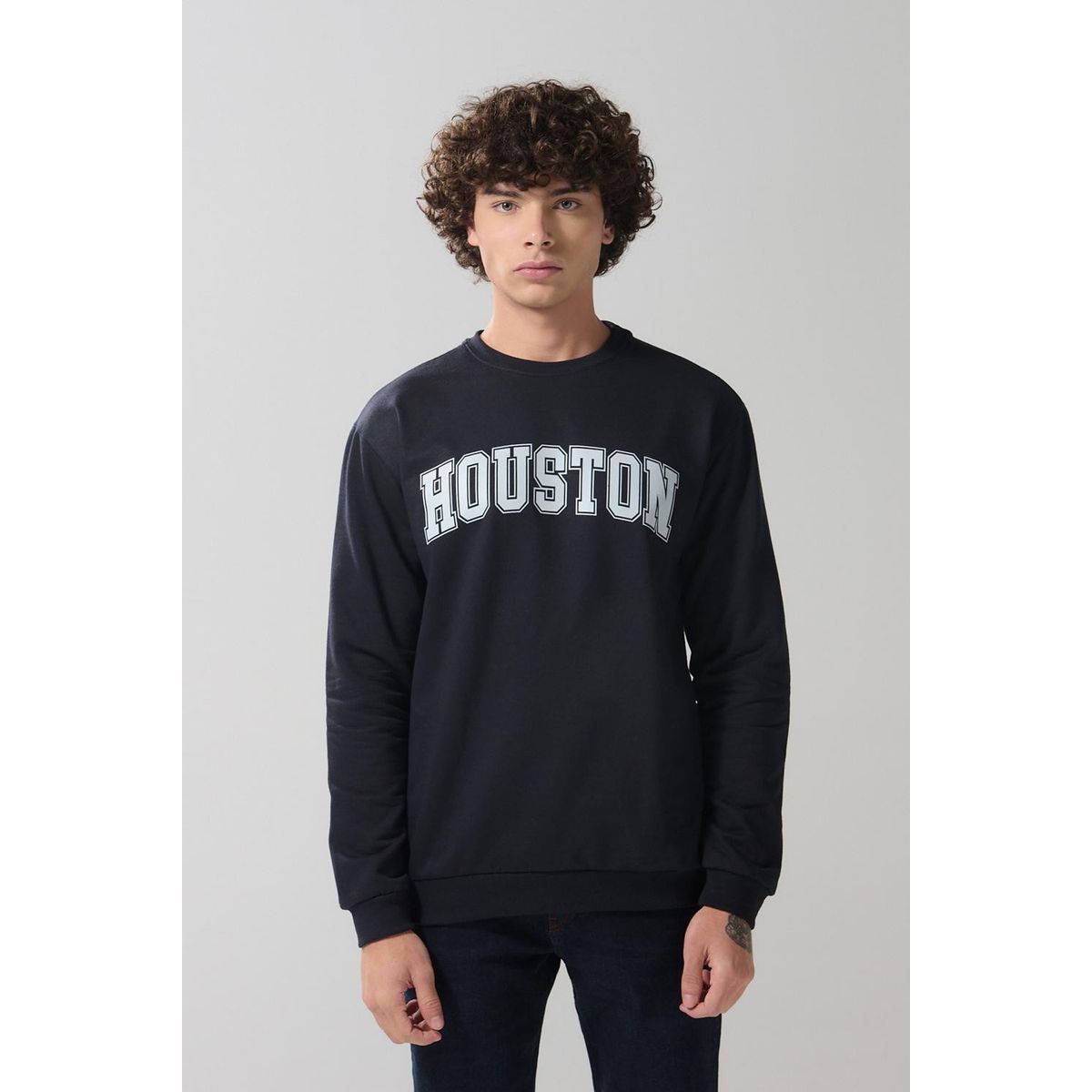 KOAJ - KOAJ Buzo college negro cuello redondo con hombro rodado Hombre