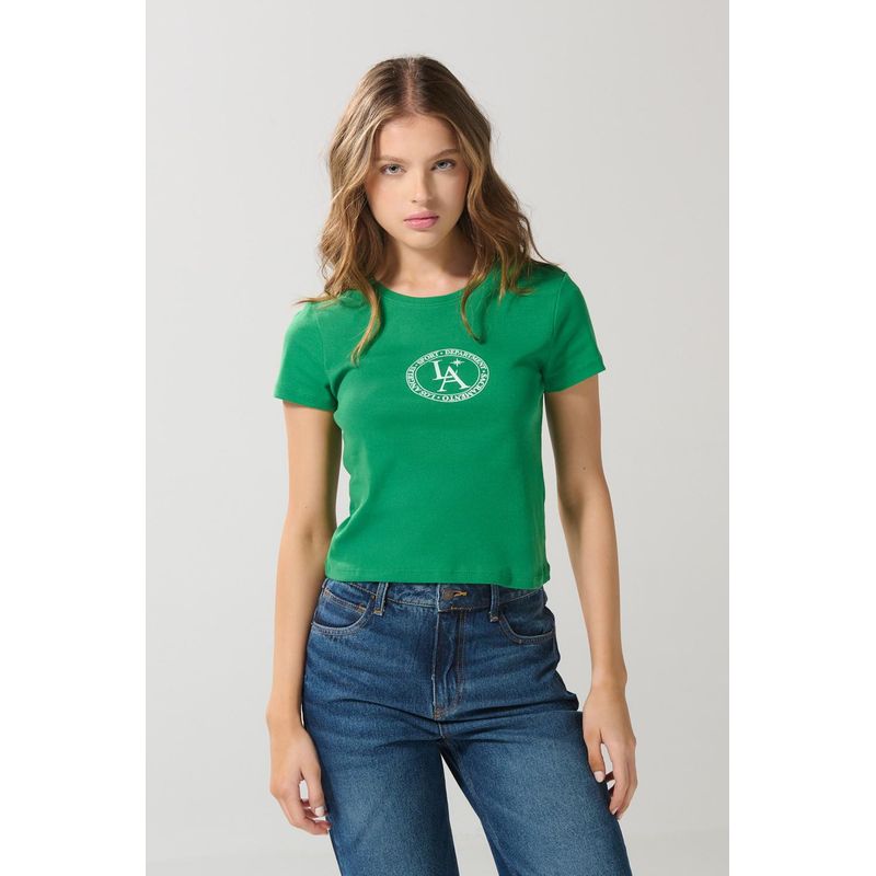 KOAJ - KOAJ Camiseta ajustada manga corta verde con arte college MUJER