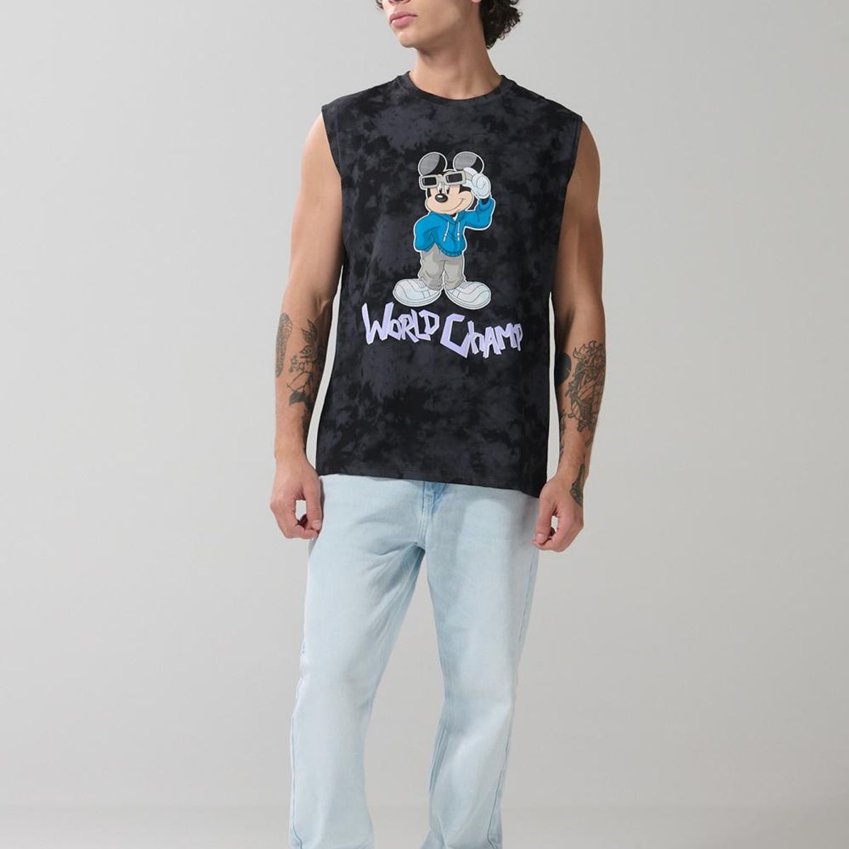 KOAJ - KOAJ Camiseta manga sisa negra tie dye con arte de Mickey Hombre