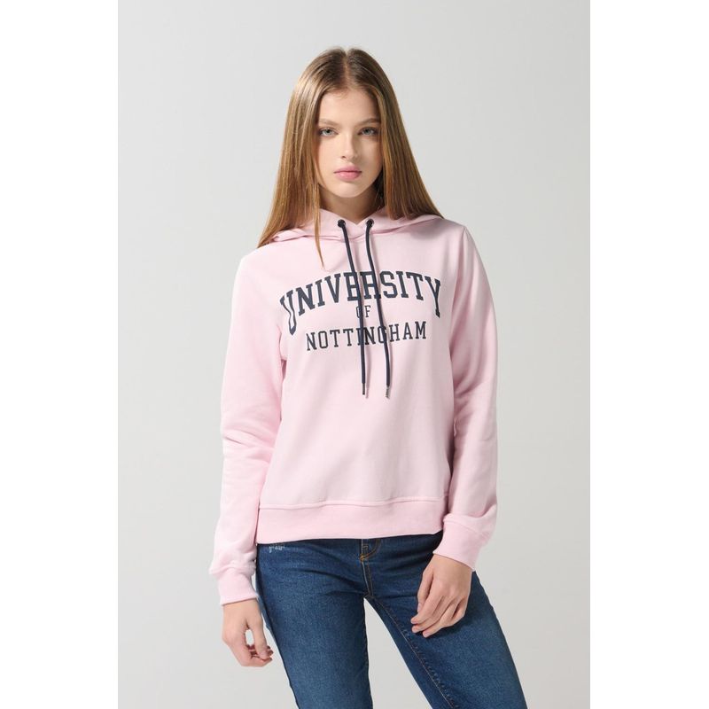 KOAJ - KOAJ Buzo rosado claro con capota y estampado college MUJER