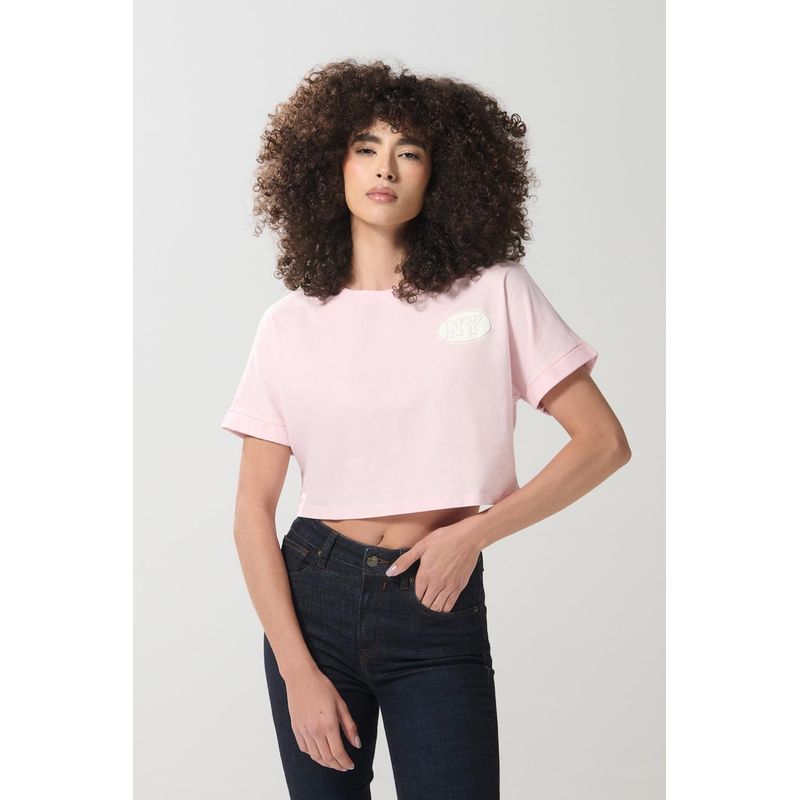 KOAJ - KOAJ Camiseta oversize crop top rosada con diseños college MUJER