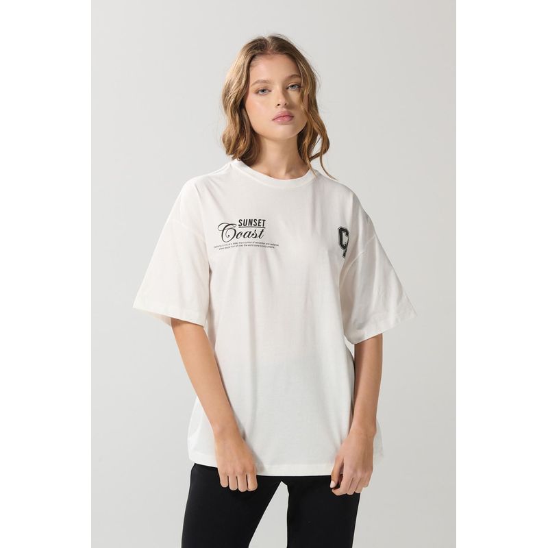 KOAJ - KOAJ Camiseta manga corta crema oversize con diseños college MUJER