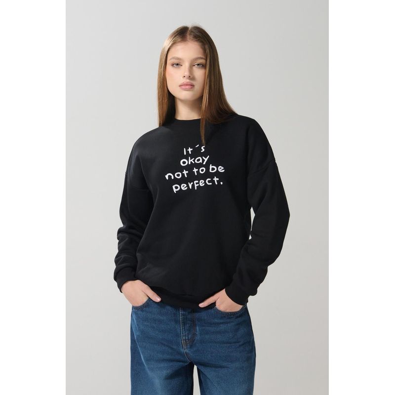 KOAJ - KOAJ Buzo oversize negro con cuello redondo y texto en frente MUJER