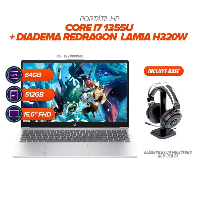 HEWLETT PACKARD - Portátil HP i7 1355U 64GB RAM 512GB SSD 156” FHD  Diadema Redragon H320W con Base RGB