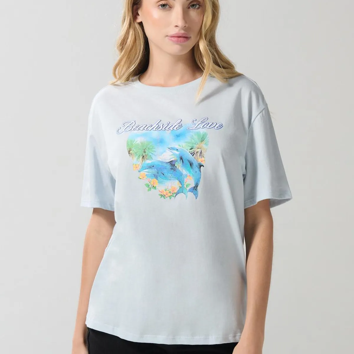 KOAJ - KOAJ Camiseta unicolor con diseño de playa y manga corta Mujer