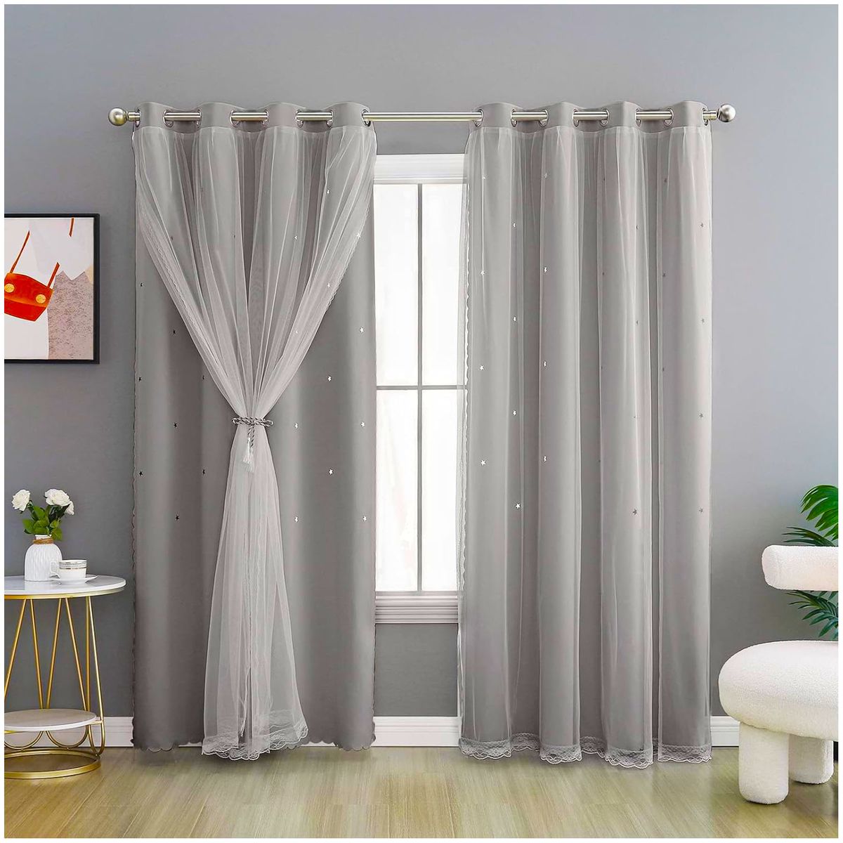 ONE PIXEL - Cortinas Diseño Estrellas Blackout Con Velo 127 x 214cm X2 UND